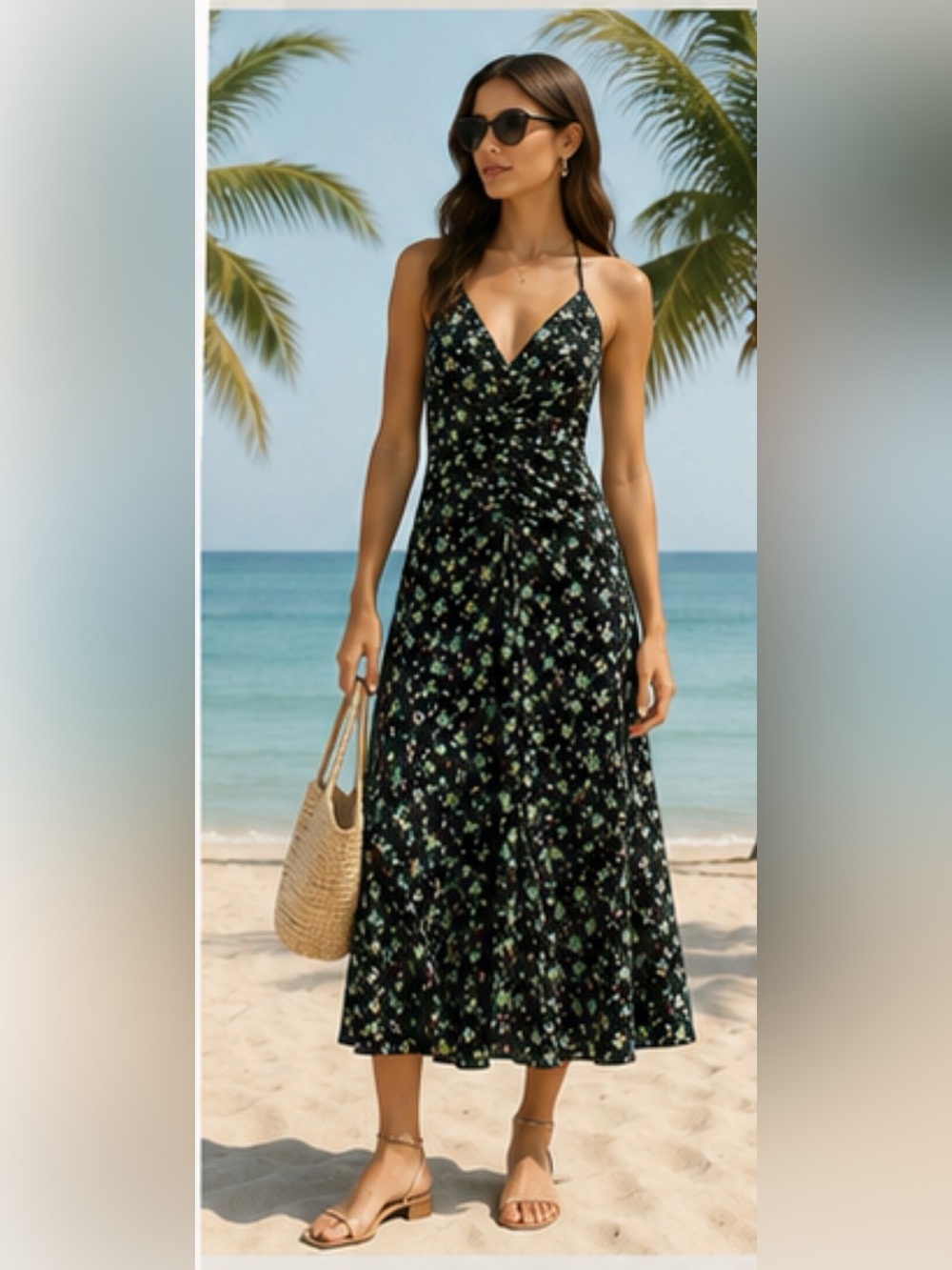 Sandro black floral print Paola ruched floral midi dress 4 evening wedding luxe - Picture 5 of 9